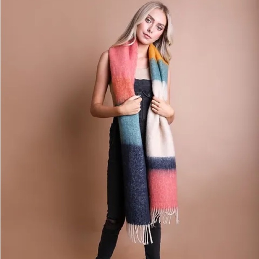 Rose & Navy Winter Color Block Faux Mohair Scarf